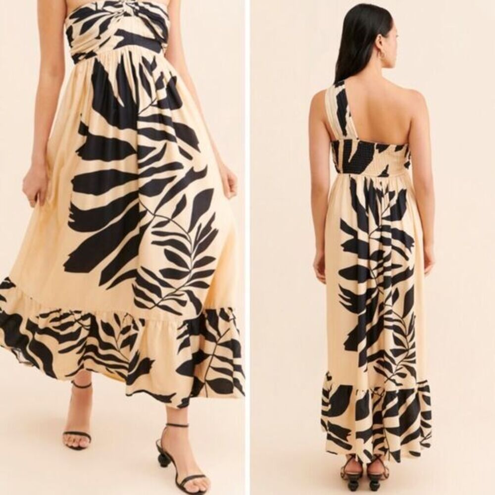 Anthropologie Beige and Black Tropical-Print One-Shoulder Maxi Dress